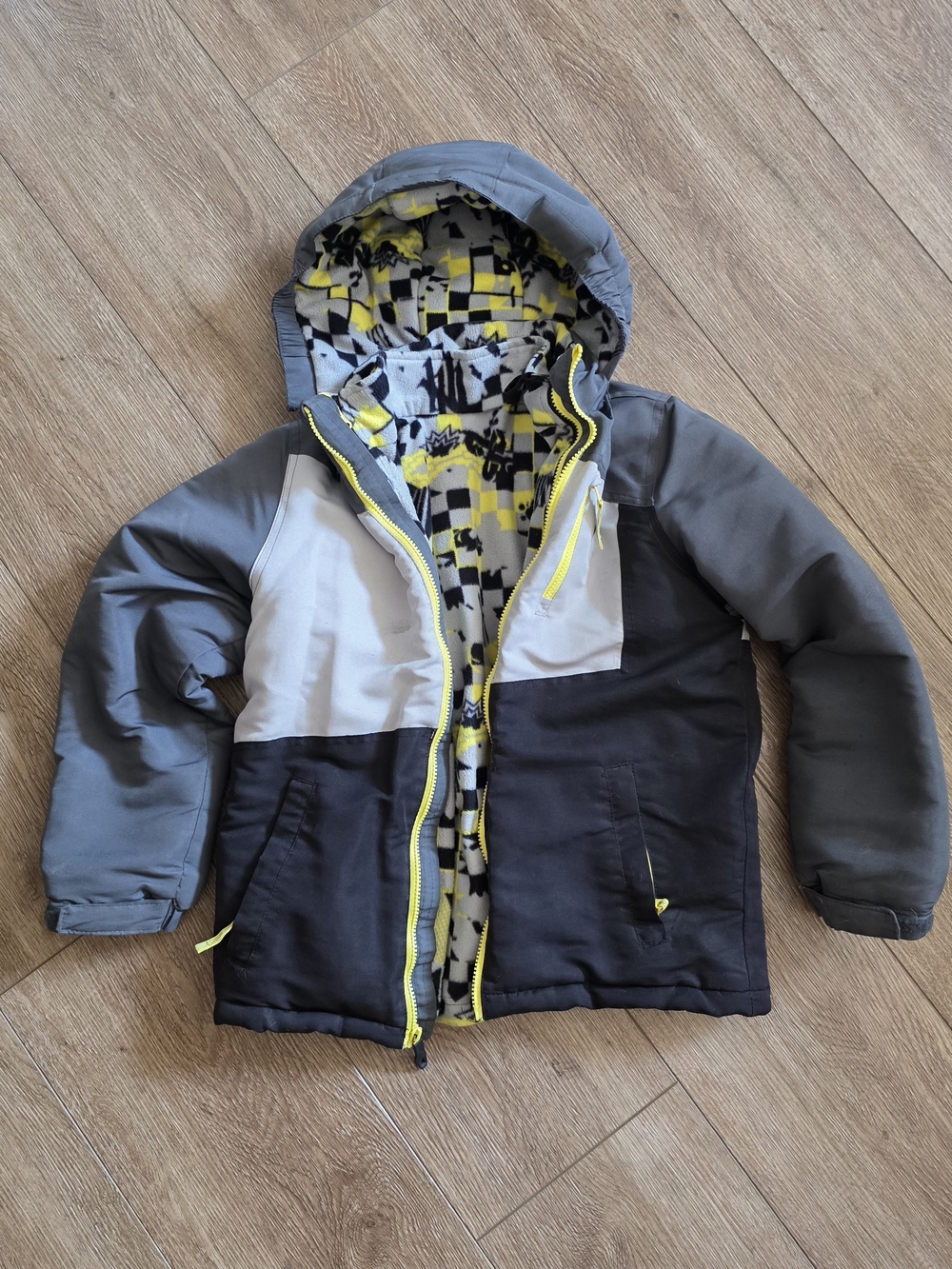 Kids Colorblock Hooded Jacket - Gray, Black & White with Yellow Accents